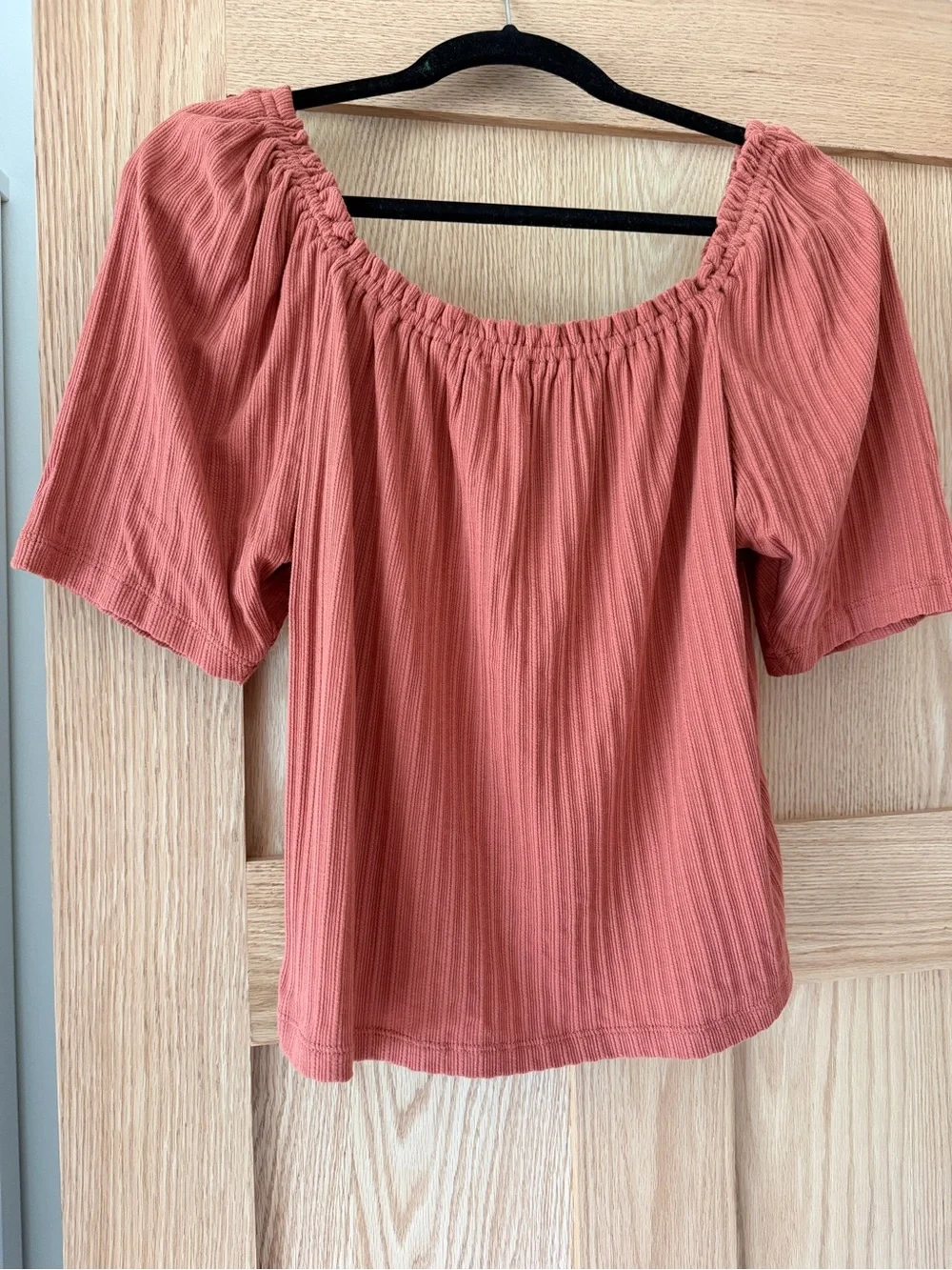 Madewell Knit Pointelle Peasant Top in Terracotta
